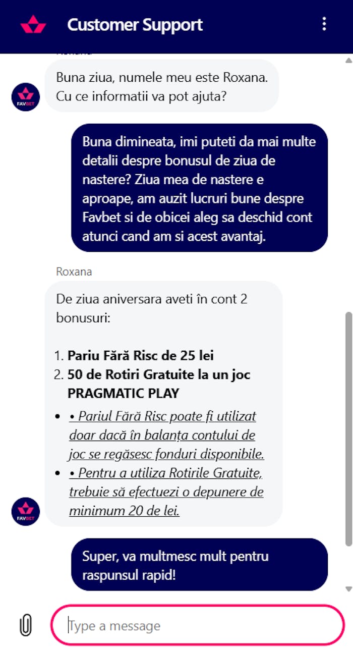 Ce informații mi-a dat suportul despre bonusul e ziua ta pe Favbet.