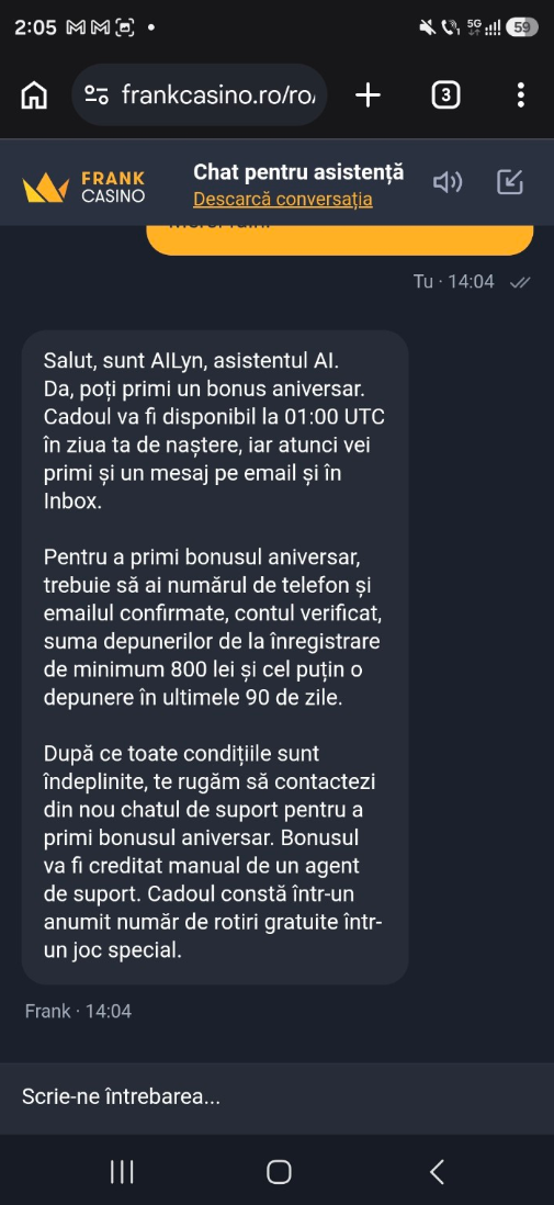Frank casino confirmare bonus de ziua ta online