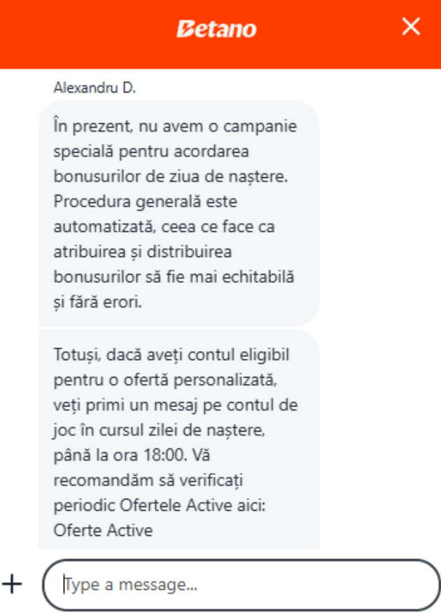 Ce mi-a spus suportul despre oferta bonus aniversar Betano și cum se creditează.