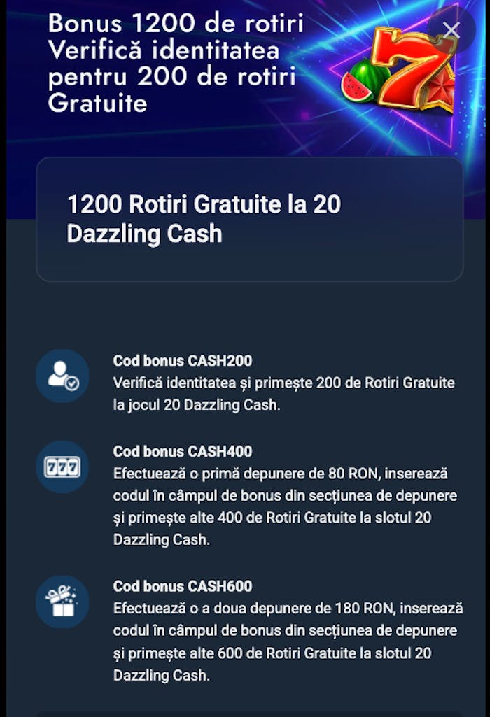 Ai 200 rotiri gratuite cu cod bonus și încă 1.000 runde dacă folosești codurile la primele depuneri.