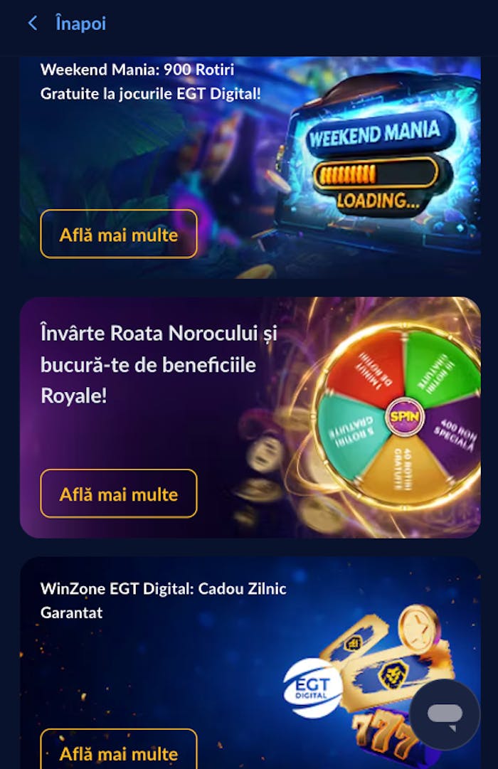 Toate ofertele pe care le poți activa fără cod bonus Royal casino azi.