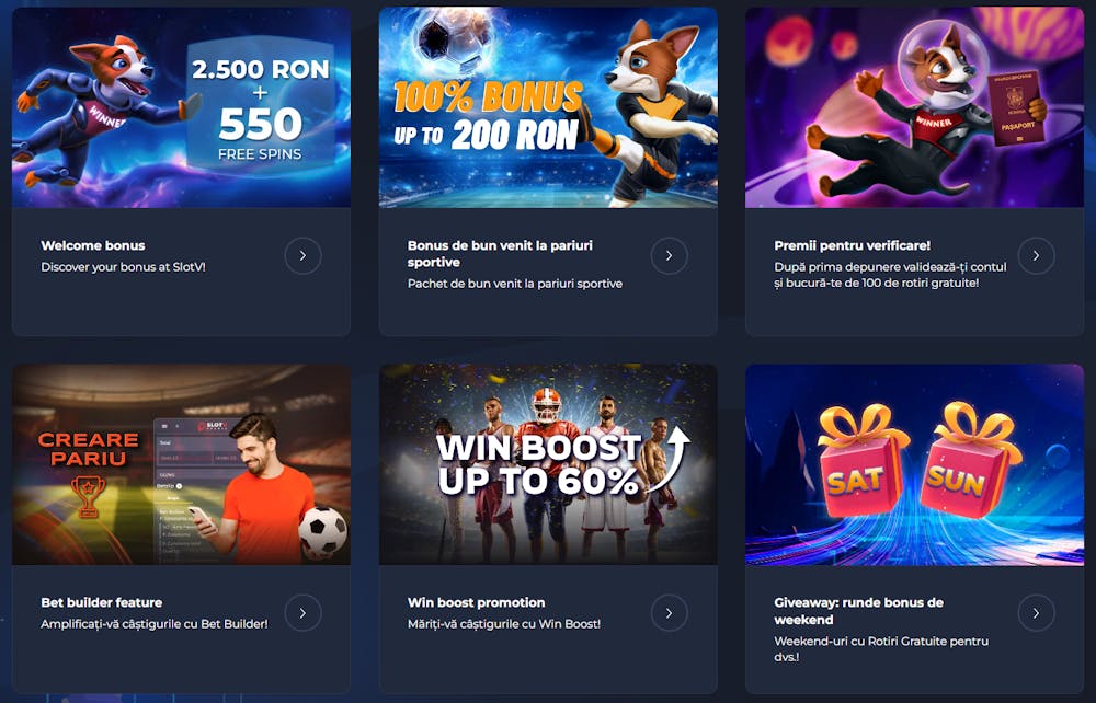 Bonusuri SlotV de la bonusul de 500 rotiri gratuite, oferta pentru pariuri sportive și altele.