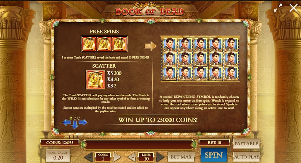 Book of Dead demo cu temă inspirată din Egipt. Ecran info: Free Spins, Scatter (x5 200, x4 20, x3 2), simbol expandabil. Câștig maxim 250000 monede.