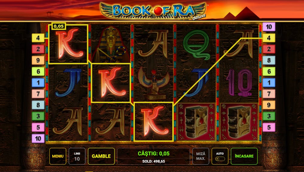 Book of Ra deluxe demo joc inspirat din Egipt. Slot 5x3. Simboluri: cărți de joc, faraon, carte antică. 