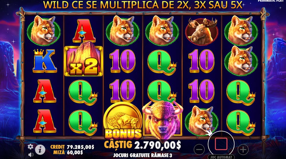 Exemplu de rotire gratuită din specială cu Wild care are multiplicator 2x 