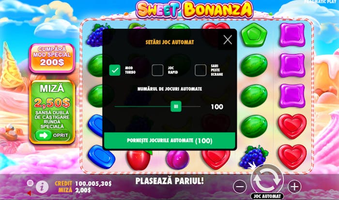Setare autoplay si turbo spin la Sweet Bonanza demo.