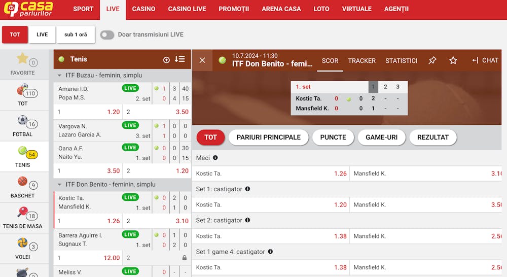 Pagina de pariuri live pentru un meci de tenis pe Casa Pariurilor