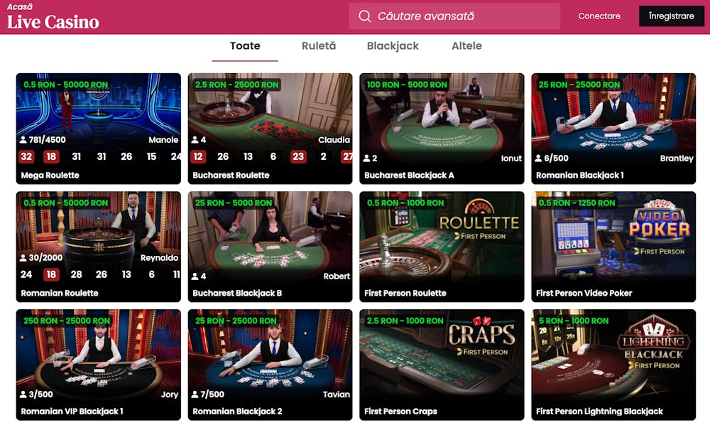 Pagina de jocuri live casino de la Lady casino. 