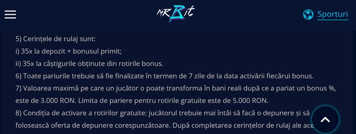 Exemplu de cerințe rulaj in secțiunea Termeni și Condiții de la Mr Bit casino.