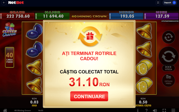 Rezultatul celor 100 de rotiri gratuite Netbet casino.