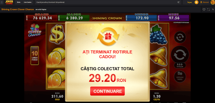 Câștigul meu de 29.20 RON după 111 rotiri pe Joker casino online.