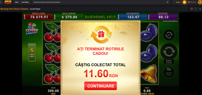 Câștig Joker casino din oferta de 100 rotiri la Burning Hot Clover Chance.