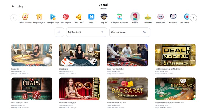 Ruletă, craps și blackjack în pagina de jocuri live PublicWin.
