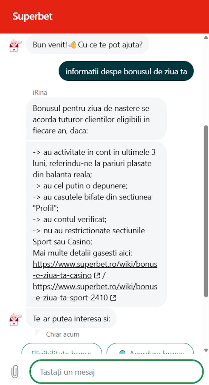 Conversația pe care am avut-o despre Superbet bonus de ziua ta la casino și detaliile ofertei.