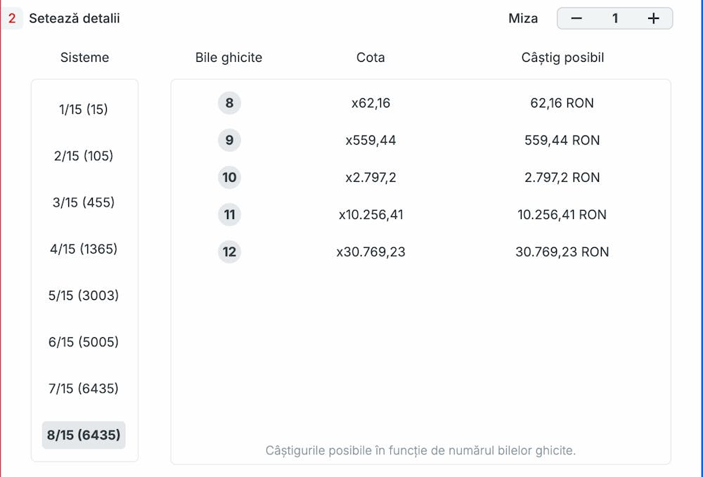 Exemplul unui bilet cu 15 selecții la o extragere Cehia Keno