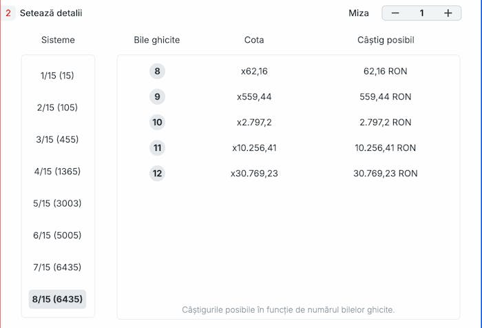 Exemplul unui bilet cu 15 selecții la o extragere Cehia Keno