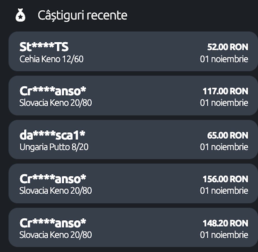 Lista cu câștigătorii recenți arată și sumele pe care utilizatorii le-au câștigat 