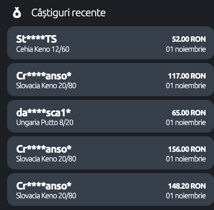 Lista cu câștigătorii recenți arată și sumele pe care utilizatorii le-au câștigat 