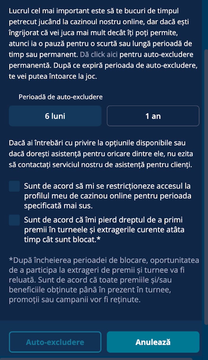 Alege perioada de autoexcludere și apoi acceptă termenii de pe pagină.