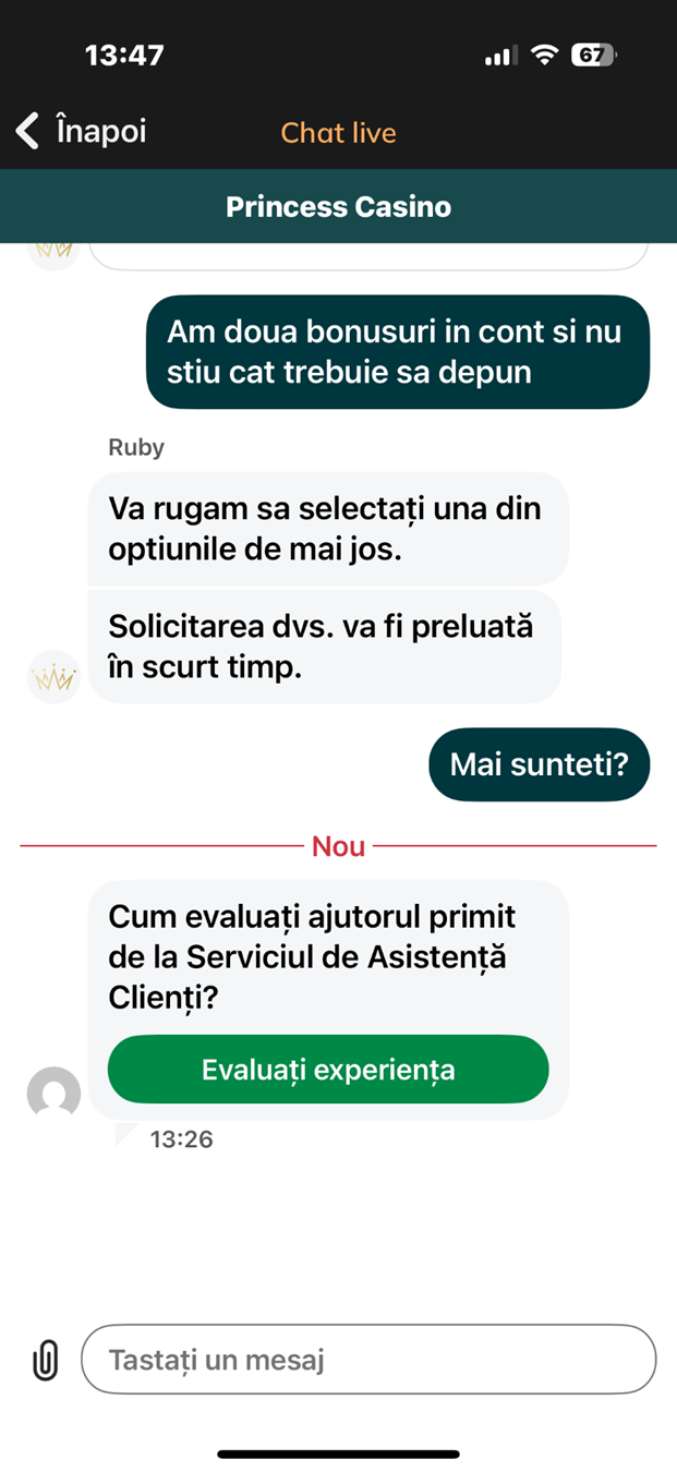 Suport chat live la Princess Casino România.