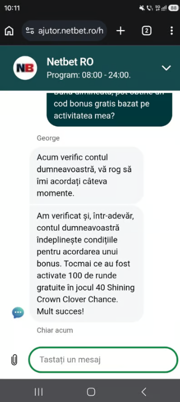 Răspunsul suportului la solicitarea bonusului fără depunere Netbet.