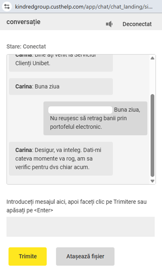 Conversație în live chat cu un operator de la Unibet Casino.