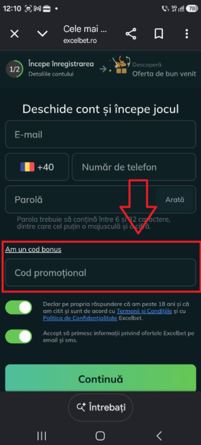 Introducere cod bonus Excelbet la înregistrarea contului.