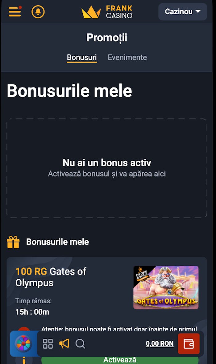 Pagina Frank casino de unde poți activa un cod bonus. 