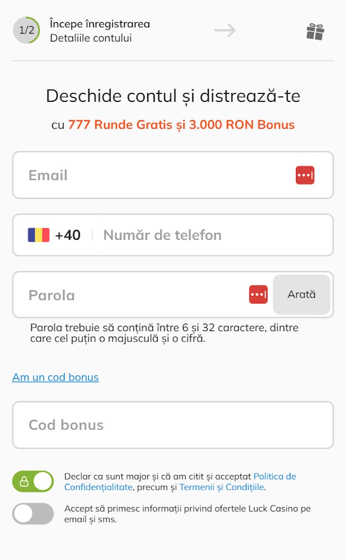 Formular în care vezi unde se introduce un cod promotional Luck casino după ce ai completat date.