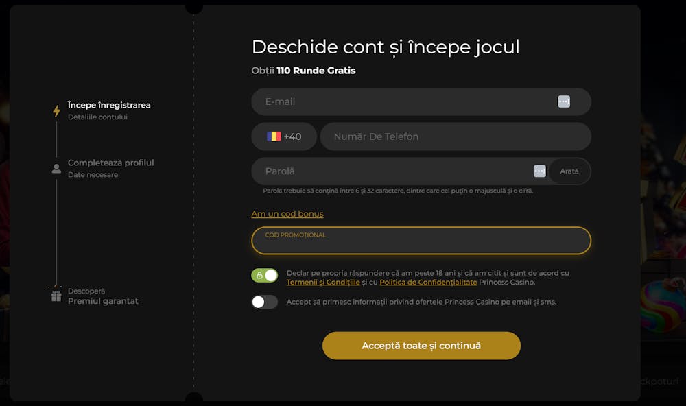 Pagina de înregistrare unde trebuie să completezi adresa de e-mail, numărul de telefon și parola.