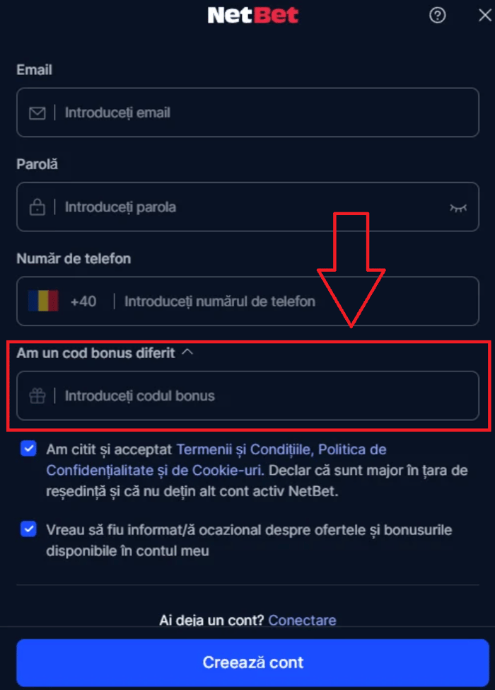 Unde treci codul promoțional Netbet la înregistrarea contului.