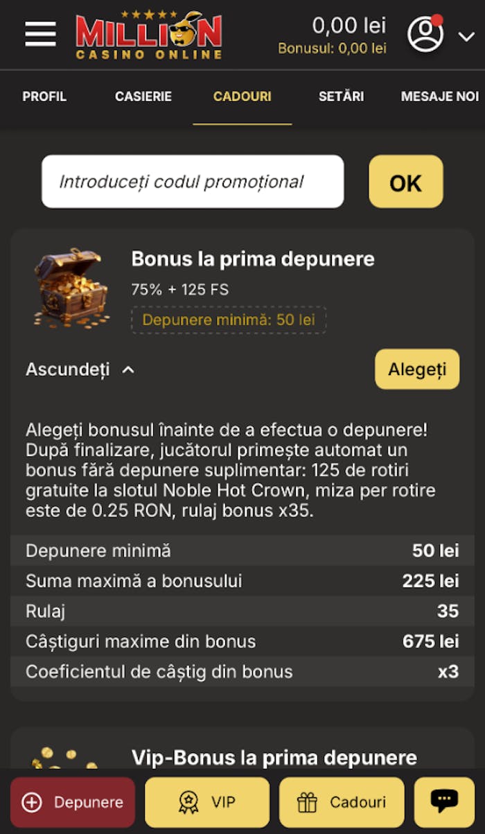 Pagina în care poți introduce un cod bonus la Million casino.