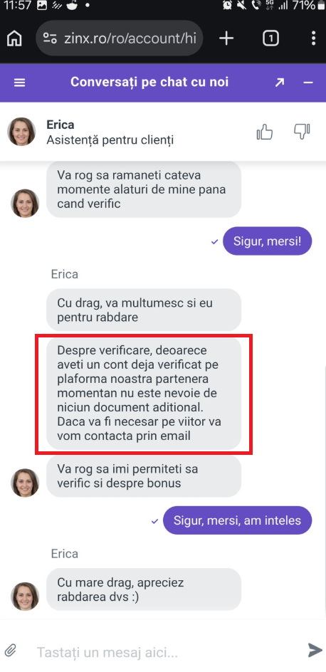 Discuție pe live chat cu suportul clienți Zinx Casino care confirmă verificarea automată a contului.