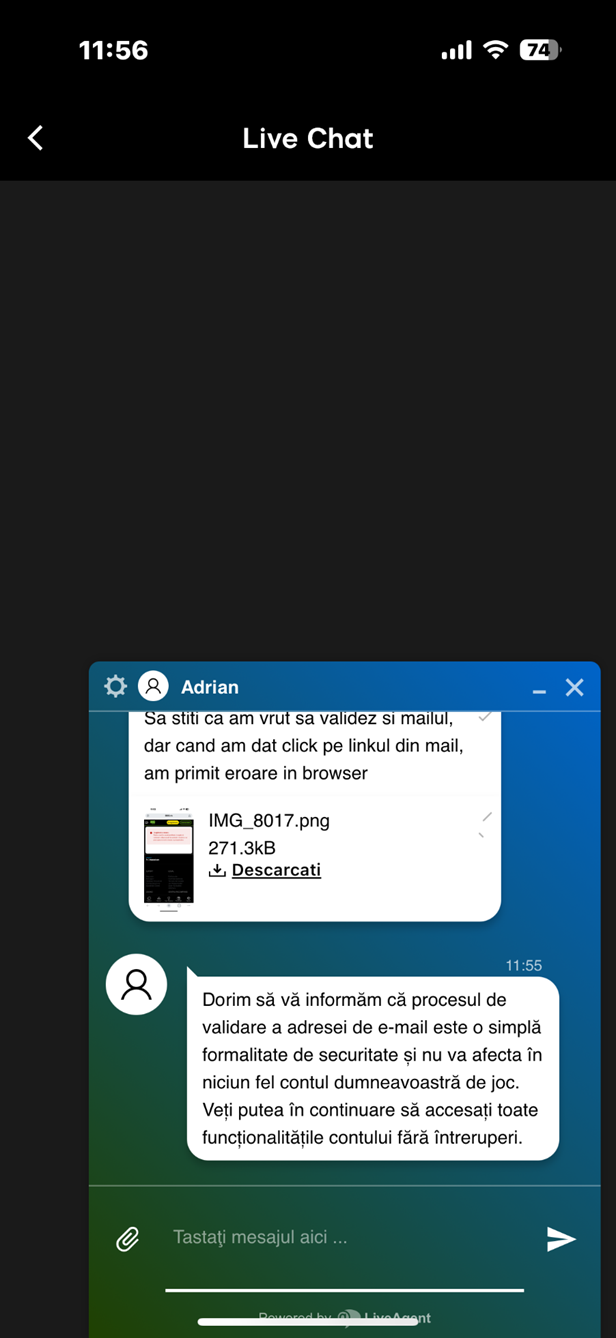 Dialog cu un agent la live chat 888Casino.
