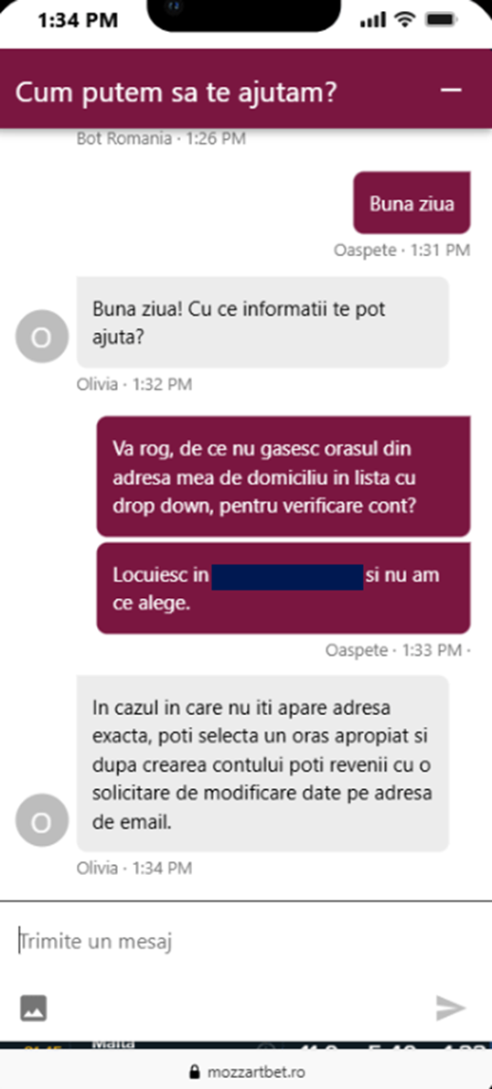 Dialog cu serviciul de relații clienți prin live chat de la Mozzart Bet.