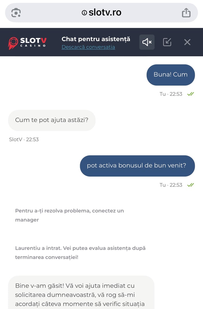 Sesiune de live chat cu un operator de la SlotV casino.