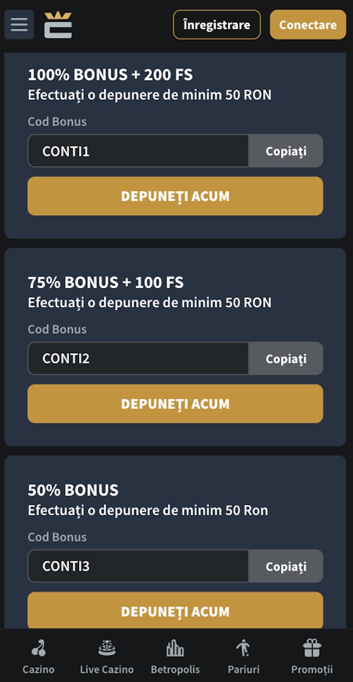 Bonus de bun venit la primele trei depuneri realizate la Conti Casino.