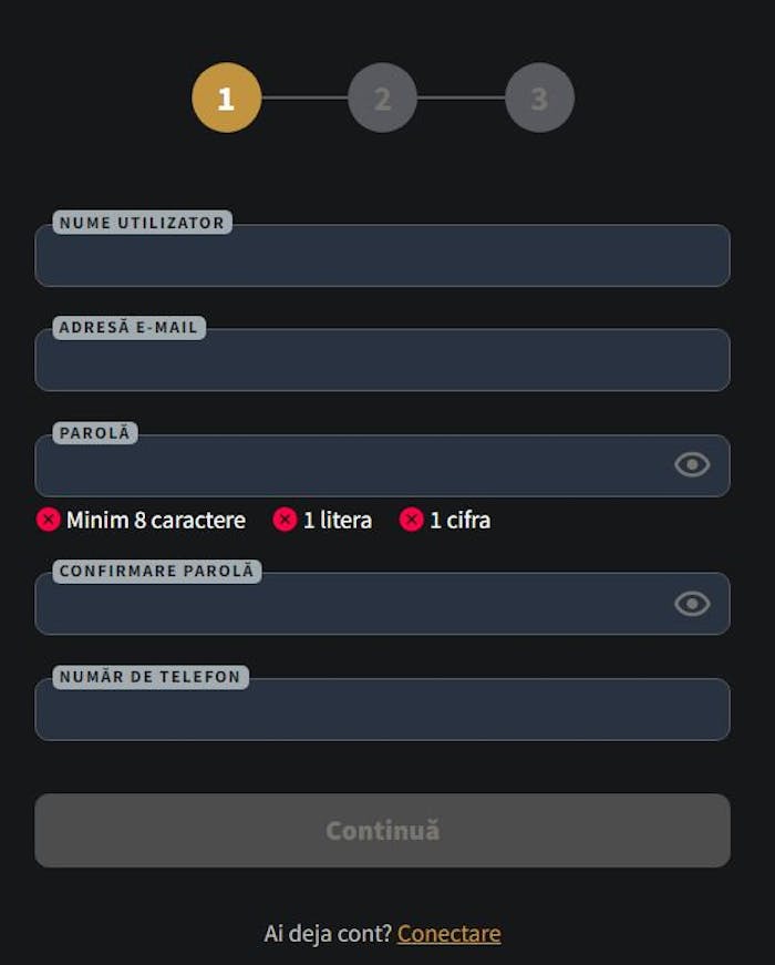 Pagina de înregistrare Conti Casino