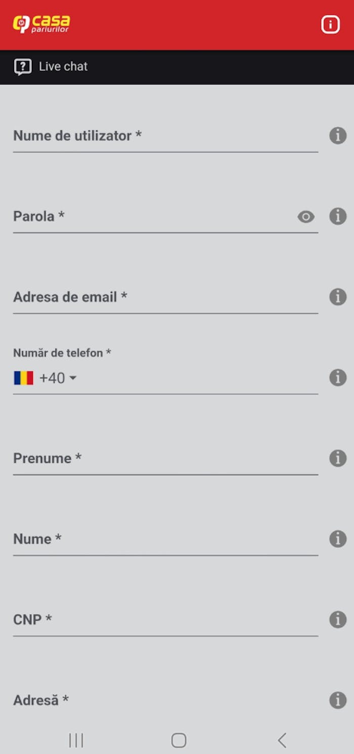 Primele date pe care le completezi pentru înregistrare pe Casa Pariurilor online.