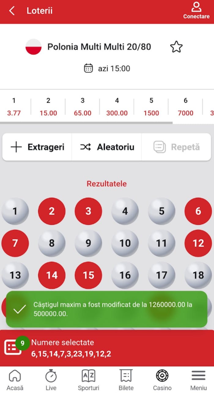 Exemplu de joc loto Casa Pariurilor și bilet de joc cu selecții.