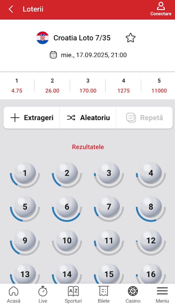 Interfața Loto Croația 7/35 cu 7 numere aleatorii.