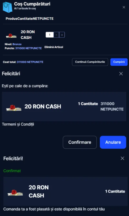 Netbet bonus fara depunere 20 RON cash cumpărat din magazinul de puncte.