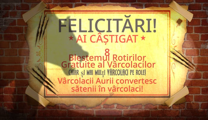 Ecranul prin care ești anunțat că ai câștigat rotiri gratuite la Curse of the Werewolf Megaways.