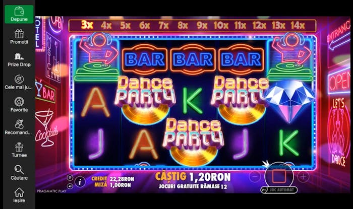 Exemplu de plată mare de 27 RON pe 1 RON cu saimbolul DJ și wild Dance Party.