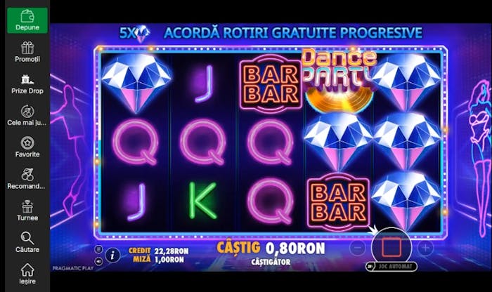 Exemplu de plată din testul meu la Dance Party gratis cu Q și activare specială cu 5 diamante pe rola 1, 4, 5.