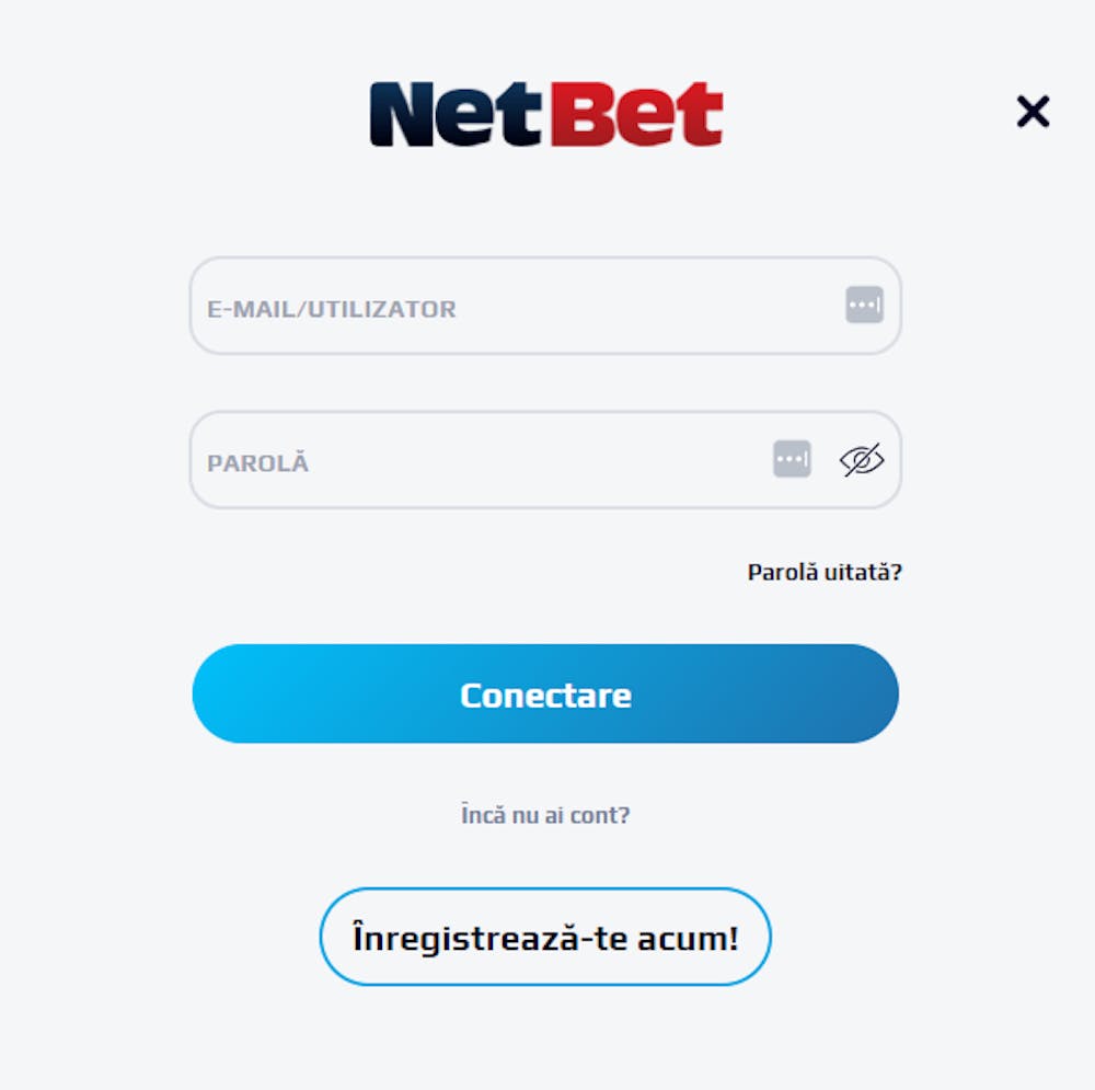 Daatele Netbet login necesare pentru accesarea contului - email și parolă însoțite de butonale de conectare Netbet, înregistrare Netbet și Netbet logo în partea superioară.