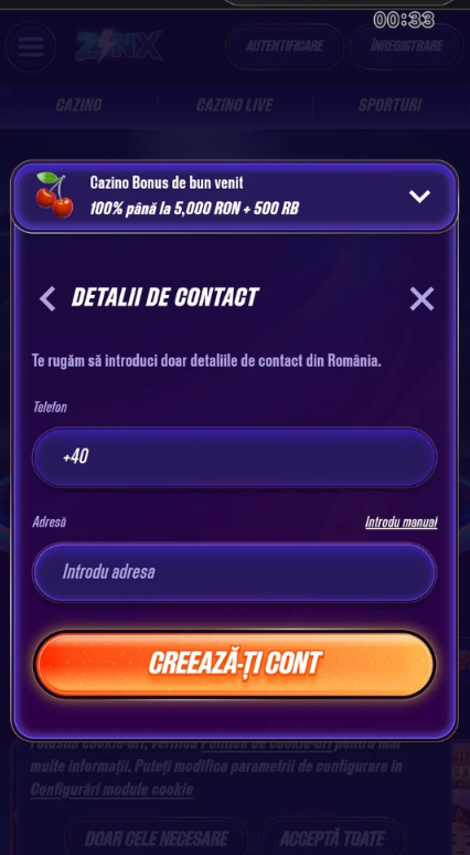 Ultimul pas de înregistrare la Zinx Casino care necesită completarea numărului de telefon și a adresei.
