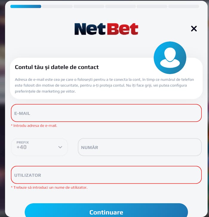 Completează fiecare câmp solicitat la primul pas