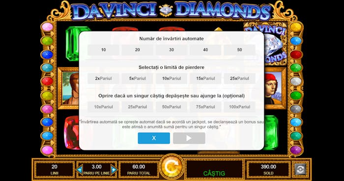Pagina de setări la slotul DaVinci Diamonds.