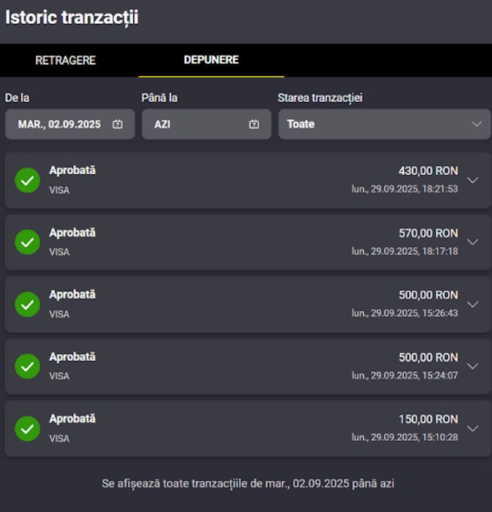 Istoric depuneri Fortuna casino actuale.